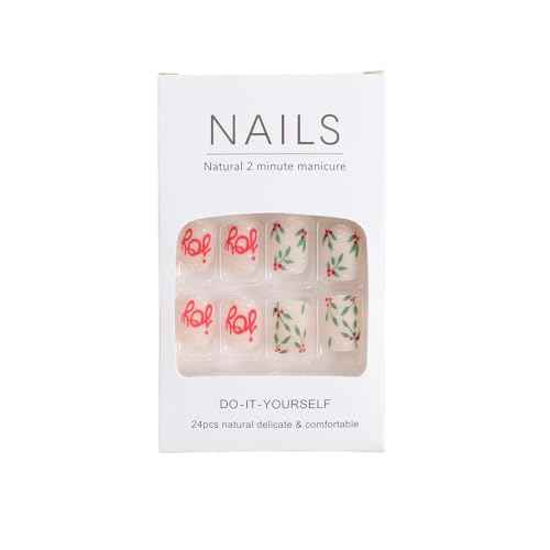 24Pcs Christmas Press on Nails Short Square Fake Nails Red False Nails Press Ons With Christmas Fruit Letter Printing Design Nail Stick on Nails Acrylic Manicure Kit Nail for Women Decor