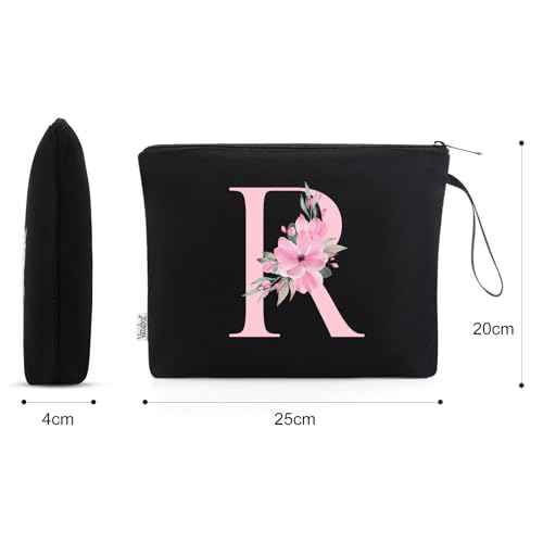 Vavabox A-Z Personalized Makeup Bag, Birthday Gifts for Women Mom, Gifts for Best Friend, Bride Bridesmaid Cosmetic bag (R, Black)