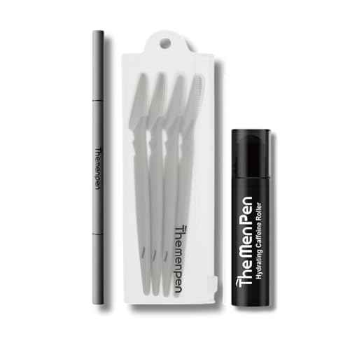 The Men Pen Refresher Kit | Eyebrow, Beard & Hair Filler + Caffeine Eye Roller + Razor 4-Pack, Waterproof, Long-Lasting, Sweat-Proof Grooming Essentials - Grey