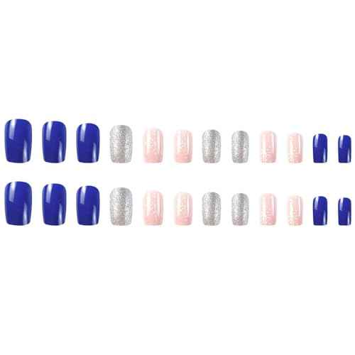 Christmas Short Square Press-On Nails - Blue Full Cover Glue-On With Silver Glitter Pink Snowflake Glossy Artificial Acrylic False Nails for Women Manicure - 24pcs