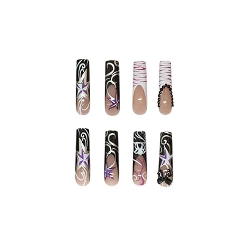 SINHOT Square Press on Nails Long Fake Nails Glossy Glue on Nails Zebra Stripes Acrylic Nails 3D Bowknot Squoval Artificial Nails Purple Star Stick on False Nails with Design 24 pcs
