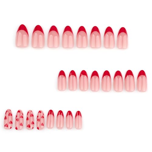 SINHOT Valentines Day Press on Nails Medium Almond Fake Nails Glossy Glue on Nails Cute Love Heart Stiletto Artificial Nails Red French Tip Acrylic Nails False Nails with Design 24 pcs