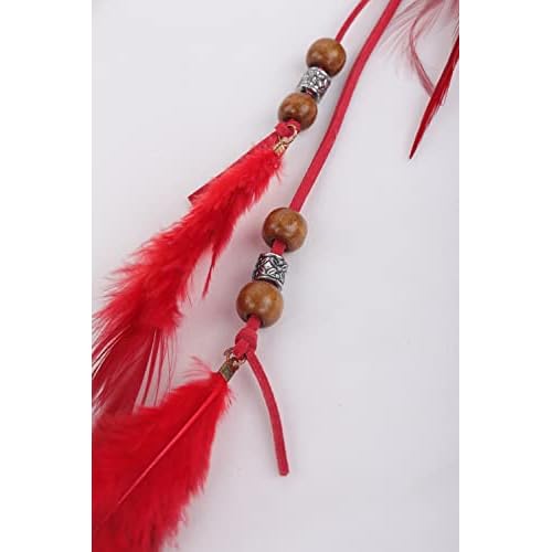 Jumwrit Boho Feather Headband Indian Hippie Gypsy Headpiece Feather Tassel Headdress Adjustable Hemp Rope Beaded Hairband Hair Accessories for Women and Girls Festival Party Decoration(Red)