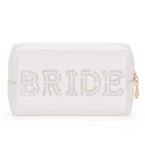 Etercycle Bride Letter Makeup Bag, Bride To Be Gifts Bling Pearl Rhinestone Patch Cosmetic Bag, Waterproof PU Travel Toiletry Bag for Bachelorette Party Women Wedding Bridal (Silver)