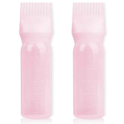 BLAAROOM 2Pack Root Comb Applicator Bottle - 6 Oz Hair Oil Applicator, Dye Bottle Tools with Oil Dispenser & Root Comb Brush - Pink