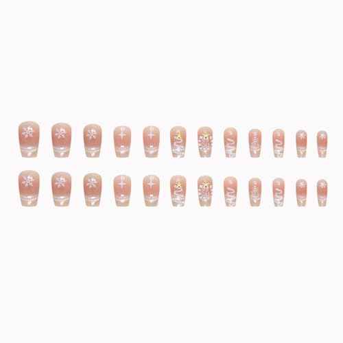 Christmas Press on Nails Medium Coffin Square Fake Nails with Gold Metal Star Pearl Rhinestones Designs Xmas Tree Snowflake False Nails White Glitter French Tips Acrylic Stick on Nails for Women 24Pcs