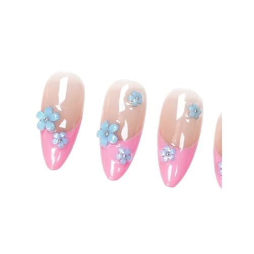 Pink Blue French Tip Press On Nails Flower Medium Almond-3D Floral Handmade Nude-Salon Gel Acrylic Full Set 10pcs Reusable(Floral Fantasy, Size S)