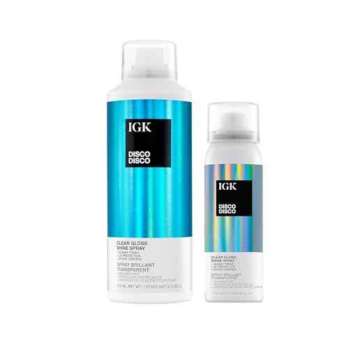 IGK Disco Disco Clear Gloss Hair Shine Spray | Full + Travel Size | Lightweight, High-Shine Finishing Hair Spray | 5.3 + 2.1 oz (Pack of 2)