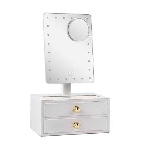 Star Vision 2-in-1 Lighted Makeup Mirror with PU Jewelry Organizer, Dimmable 6,000K Cool White Light, 2-Layer Drawers, PU Surface with Stitching, Includes a 10X Magnification Mirror, White