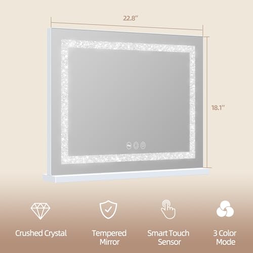 Misavanity Vanity Mirror with Lights Tempered Glass 22.8" x 18.1" Lighted Makeup Mirror with Light Strip Crushed Crystal 3 Colors Modes Dimmable Lights USB Charging Port and 10X Magnification, White