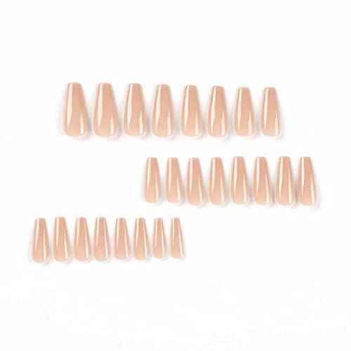 Coffin Press on Nails Nude Long Acrylic Artificial Nails Simple Glossy Fake / False Nails with Glossy Ballerina Nails for Women and Girls,24Pcs