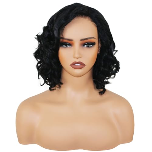 12 Inch Curly Wave Human Hair Wig - Bye Bye Knots Glueless Wig with Pre-Cut Swiss Lace & Pre-Bleached Knots - 100% Brazilian Remy Human Hair Side Part Lace Front Wig, Natural Color