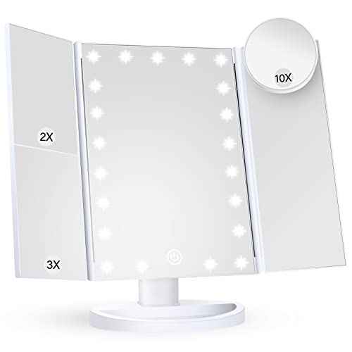 HUONUL Makeup Mirror Vanity Mirror with Lights, 2X, 3X, 10X Magnification, Touch Control, Trifold, White, 9.4" L x 13.4" W, Modern Style, Dresser Mount, Bathroom
