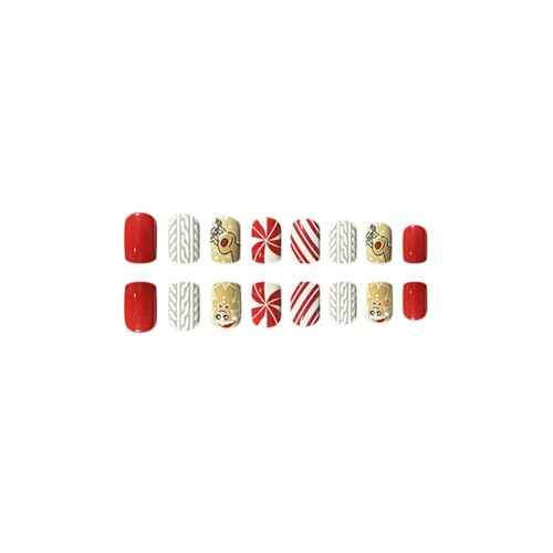 Christmas Press on Nails Short, Christmas Fake/False Nails with Embossed Gingerbread Man Press ons Designs Christmas Nails Press on Acrylic Artificial Nails Stick on Nails For Women 24Pcs