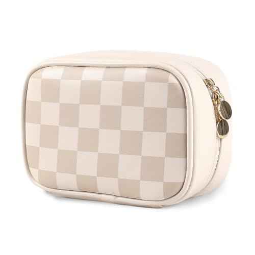 Travel Makeup Bag Cosmetic Bag for Women,Small Makeup Organizer Bag,Cute & Waterproof Vegan Leather Makeup Case with Multiple Compartments,Toiletry Bag for Cosmetics (BROWN)