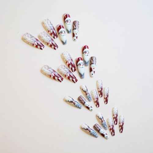 Long Coffin Christmas Press on Nail Long Xmas Fake Nails with Snowflake Santa Claus Deer Candy Cane designs Acrylic False Nails Glossy Red White Press ones for Women Girls Holiday Glue on Nails 24pcs