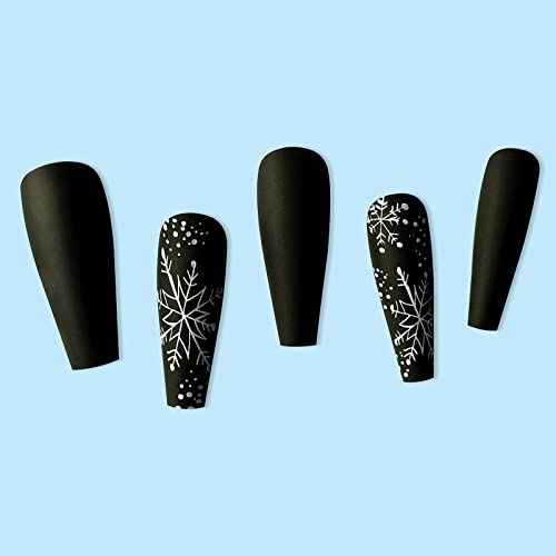 24 Pcs Snowflake Press on Nails Long Black White Christmas Fake Nails Glossy White Snow Glue on Nails Full Cover Coffin Shaped Long Christmas False Nails for Women Manicure Decorations