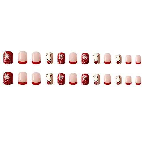 Christmas Press on Nails Short French Tip Fake Nails Square Red Acrylic Nails Snowflake Full Cover False Nails with Design Cute Elk Winter Xmas Glue on Nails Nail Art Decorations for Women Girls