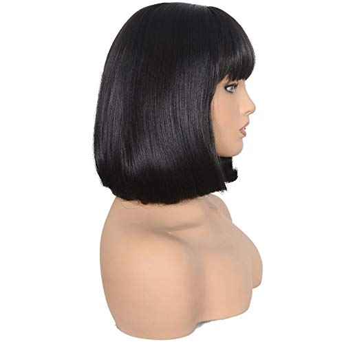 morvally Short Straight Bob Wig Heat Resistant Hair with Blunt Bangs Natural Looking Cosplay Costume Daily Wigs (14", 2# Black)