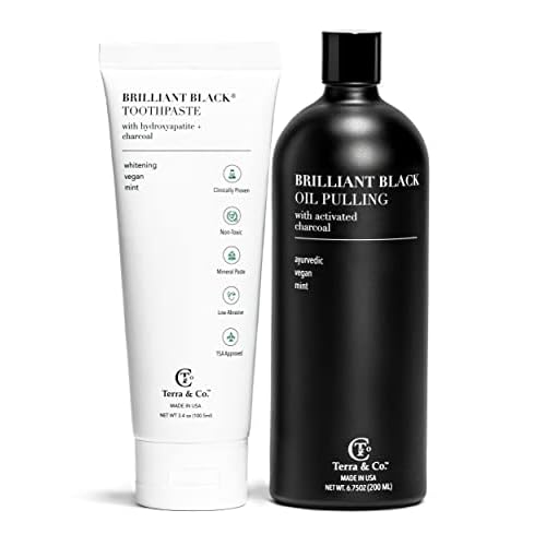 Terra & Co. Brilliant Black Teeth Whitening Kit for Healthy Teeth and Gums | Oil Pulling, Bamboo Charcoal Dental Floss, and Charcoal Tooth Paste | Vegan and Cruelty-Free
