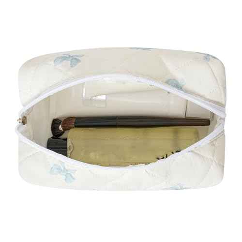Cute Floral Cotton Makeup Bag, Quilted Makeup Bag for Women Girls, Travel Floral Cosmetic Bag Zipper Make Up Pouch, Flowers Toiletry Organizer Bag (Small Blue Bowknot)