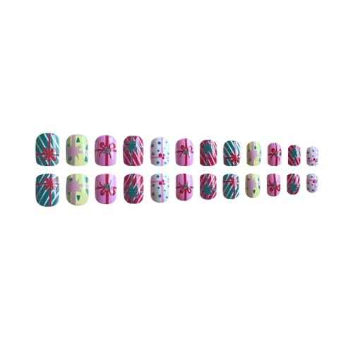 24Pcs Christmas Colorful Press on Nails Short Square Fake Nails YIHONGYAN with Cute Knot Polka Dots Design Glossy False Nails Acrylic Nails Full Cover Glue on Nails Stick on Nails for Women