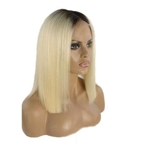 Glueless Ombre Blonde Bob Wigs Real Human Hair, Short Cut Bob Wig Human Hair for Black Women 13x4 HD Frontal Lace Wig 180% Density Dark Roots Pre Plucked Lace Front Wigs 12 Inch Natural Hairline