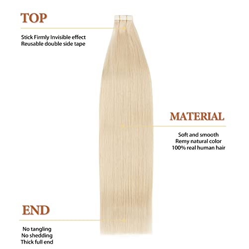 Lovrio 22" 20pcs 50g Tape in Human Hair Extensions Color 60 Platinum Blonde Prime Silky Straight Skin Weft Remy Human Hair