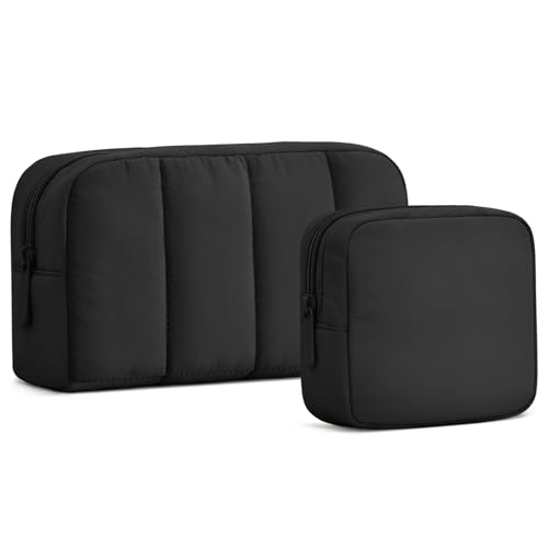 oscaurt 2 Pcs Makeup Bag Travel Toiletry Bag for Women Puffy Padded Cosmetic Pouch Purse Wide-open Makeup Organizer Case Travel Essentials