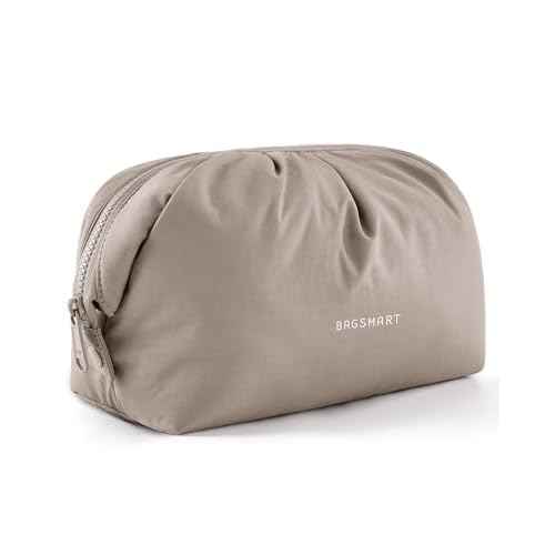 BAGSMART Makeup Bag Travel Makeup Bag, Cute Make Up Bag, Large Capacity Cosmetic Bags for Women, Wide-open Makeup Pouch Travel Essentials Toiletries Accessories Brushes (Camel)
