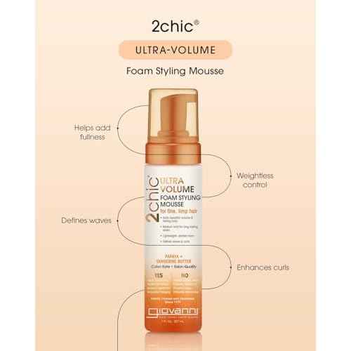GIOVANNI 2Chic Ultra Volume Mousse for Fine & Thin Hair - Volumizing Hair Foam for Women & Men, Foaming Texture for Defining & Enhancing - Papaya & Tangerine, 7 fl oz (Pack of 1)