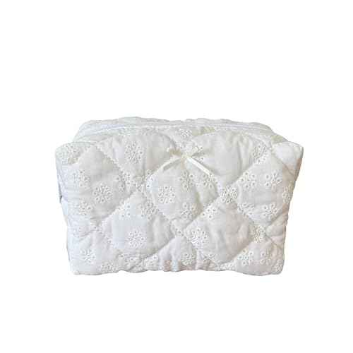 Cotton Quilted Makeup Bag Coquette Accessories Make up Bag Organizer Cute Floral Cosmetic Pouch Travel Makeup Bag for Women,Embroidery White