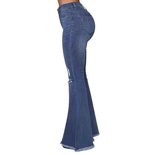 Women's Fashion Bell Bottom Pants High Waist Tassel Stretch Curvy Fit Jeans Blue