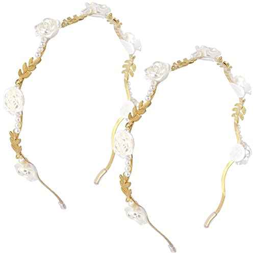 OIIKI 2Pcs Rose Hairband for Women, Metal Gold White Flower Floral Headbands, Pearl Hair Band Headpiece Hair Jewelry Accessories for Women Bride Valentine Wedding Engagement Birthday Christmas