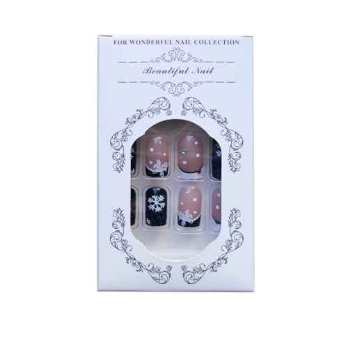 Snowflake Press On Nails: Short Square Christmas Fake Nails with Designs, Black Glitter & White French Tips, 24pcs
