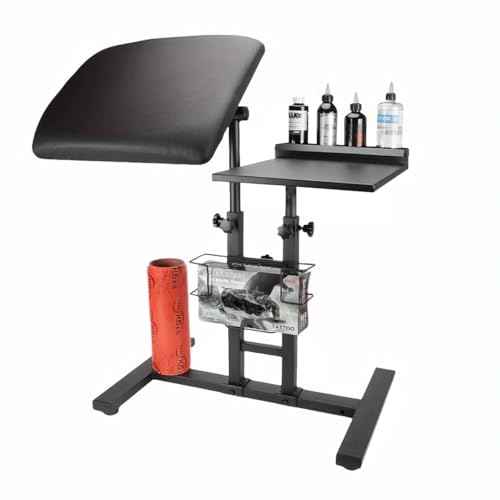 Tattoo Armrest with Tattoo Supplies Storage Board, Tattoo Workbench with Adjustable Height & Tilt, Portable Tattoo Bracket for Tattoo Studio Salon