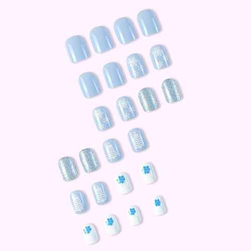 24Pcs Light Blue Press on Nails Short Square Christmas Fake Nails White False Nails Press ons with White Xmas Tree Snowflake Designs Glue on Nails Full Cover Glitter Xmas Nails for Women DIY