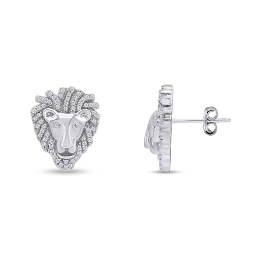 Lion Head Stud Earrings for Men in 14K Gold Plated 925 Sterling Silver with White Cubic Zirconia or Moissanite ? Animal Face Men¡¯s Jewelry Gift for Him, Push-Back