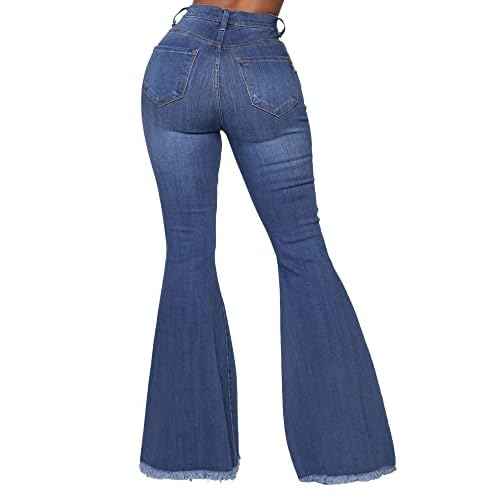Women's Fashion Bell Bottom Pants High Waist Tassel Stretch Curvy Fit Jeans Blue