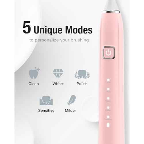 7AM2M Sonic Electric Toothbrush with 6 Brush Heads for Adults&Kids, One Charge for 120 Days, Wireless Fast Charge, 5 Modes, 40000VPM Powered Toothbrush, 2 Minutes Built in Smart Timer -Pink