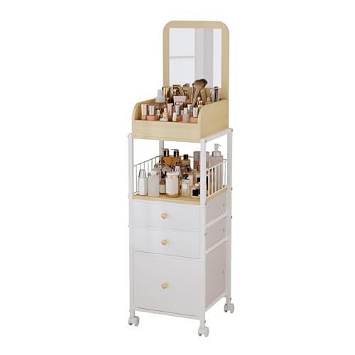 Makeup Cart Organizer with Mirror, Large Floor Skincare Organizers Make Up Organizers-Vanity Storage Organizer Cosmetic Display Cases Holder for Skin Care Perfume Nail Polish Brush Hair Tool (White)