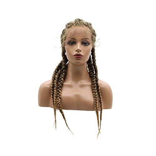 Kalisa Brown Mix Blonde 5 Twist Lace Front Braid Wig Mix Color with Baby Hair Synthetic Wigs Hand Tied Heat Resistant Fiber 5 Braided Daily Wigs for Women 24 Inch
