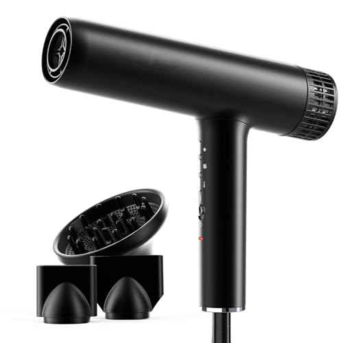 Hair Dryer, Professional Brushless Motor Ionic Hair Blow Dryer with Diffuser, Magnetic Nozzles, 0.83Pound, 2000W, 60dB, 3 Heat Settings & 3 Speed & Cold Settings, Diffuser Hair Dryer, Black
