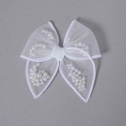 White Pearl Fable Hair Bow Clips for Flower Girls Wedding 4" Mesh Tulle Ribbon Shaker Bow Alligator Hairpins Toddlers Kids Pageant 1st Communion Party Dress Decor Accessory Gift