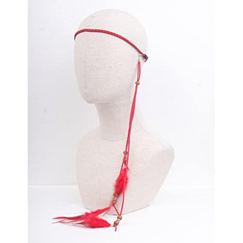Jumwrit Boho Feather Headband Indian Hippie Gypsy Headpiece Feather Tassel Headdress Adjustable Hemp Rope Beaded Hairband Hair Accessories for Women and Girls Festival Party Decoration(Red)