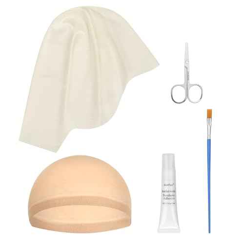 5PCS Professional Bald Cap Kit for Men Women Halloween Costume Makeup SFX Makeup Accessories with Prosthetic Adhesive Nude Wig Cap Safety Scissors Painting Brush Perfect for Cosplay Dress-Up & Theatre