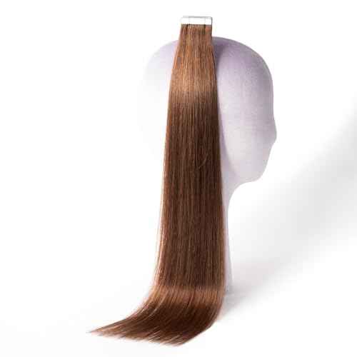 DNE Tape in Hair Extensions Real Human Hair 20 inches 20Pcs/50g/Pack Seamless #4 Medium Brown Dark Color Straight Invisible Double Sided Tape in Hair Extensions for Women/Girls (#4, 20 inch)