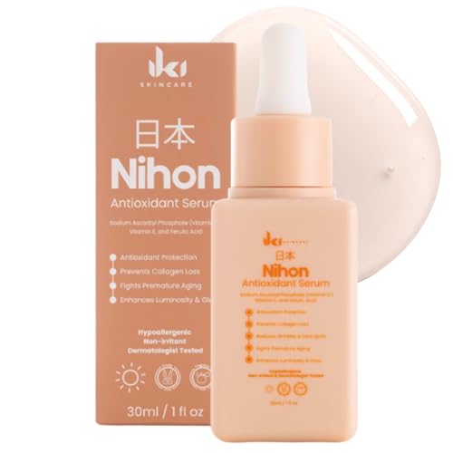 NIHON Antioxidant Serum - Kojic Acid + Ferulic Acid & Vitamin E and Vitamin C Serum for Face - Brightens, Evens Tone & Protects - Clean, Fragrance-Free, Cruelty-Free - 30ml