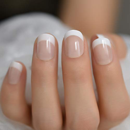 Natural French Tips, Glossy Nude White Press on Nails False Nails, Beauty Manicure Reusable UV Gel Fake Finger Nail Art for Daily Office Party