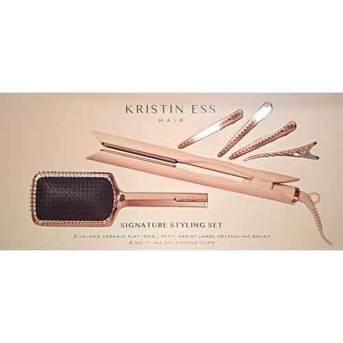 Kristin Ess Hair Styling Gift Set 3-in-1 Ceramic Flat Iron Bundle - 1.25inch Dual Voltage Ceramic Hair Straightener + Detangling Brush + Sectioning Clips - 4 Heat Settings 440 Degrees + Auto Shut Off
